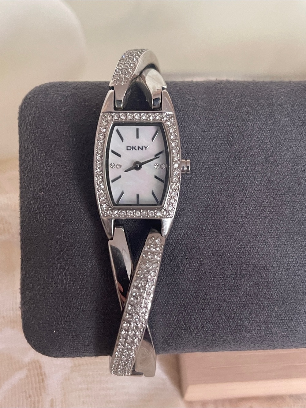 DKNY Silver Crystal-Accent Women's Bracelet Watch with Mother-of-Pearl Dial